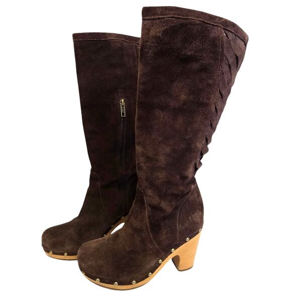 Ugg Rumer Suede Chocolate Brown Tall Boots Lattice Weave Back inner Zip 7 - Picture 3 of 12